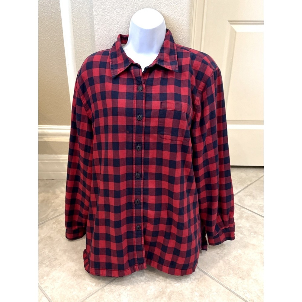 LL Bean Mens Fleece Lined Flannel Shirt Jacket Buffalo Plaid Red Navy Blue L